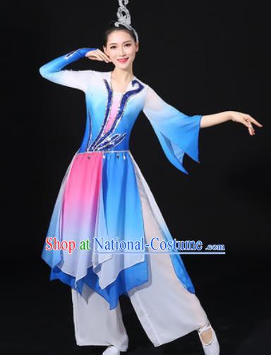 Chinese Traditional Classical Lotus Dance Blue Dress Umbrella Dance Stage Performance Costume for Women