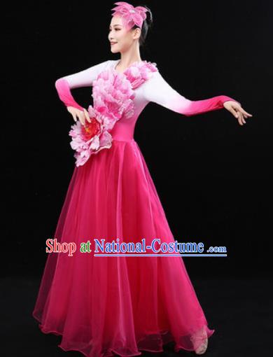 Chinese Traditional Chorus Modern Dance Pink Dress Opening Peony Dance Stage Performance Costume for Women