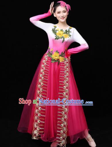 Chinese Traditional Chorus Rosy Veil Dress Opening Dance Modern Dance Stage Performance Costume for Women