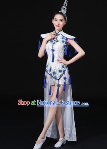 Chinese Traditional Drum Dance White Clothing Group Yangko Dance Folk Dance Stage Performance Costume for Women