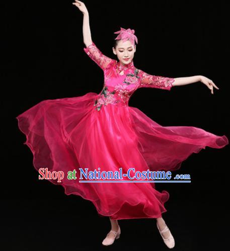 Chinese Traditional Chorus Rosy Dress Spring Festival Gala Dance Stage Performance Costume for Women