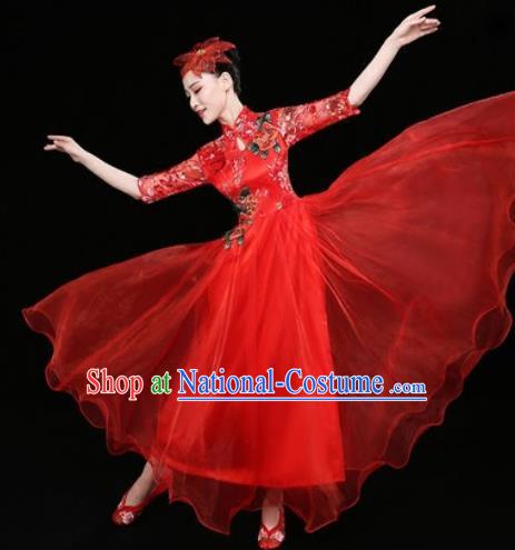 Chinese Traditional Chorus Red Dress Spring Festival Gala Dance Stage Performance Costume for Women