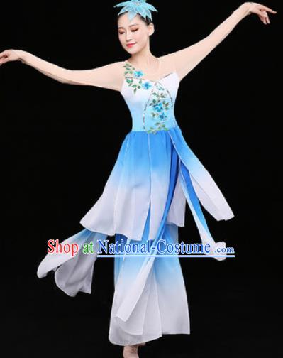 Chinese Traditional Classical Dance Lotus Dance Blue Dress Umbrella Dance Stage Performance Costume for Women