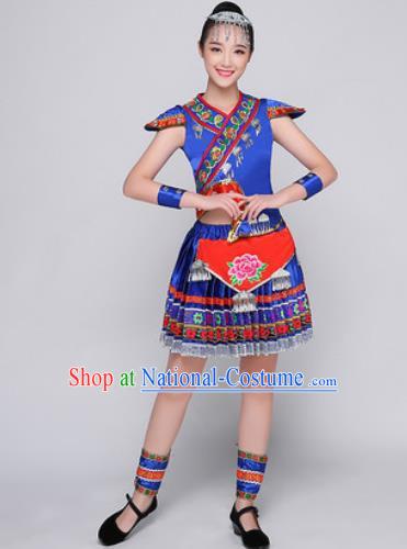 Traditional Chinese Miao Nationality Folk Dance Blue Dress Hmong National Ethnic Costume for Women