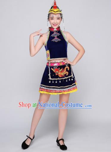 Traditional Chinese Miao Nationality Folk Dance Royal Blue Dress Hmong National Ethnic Costume for Women