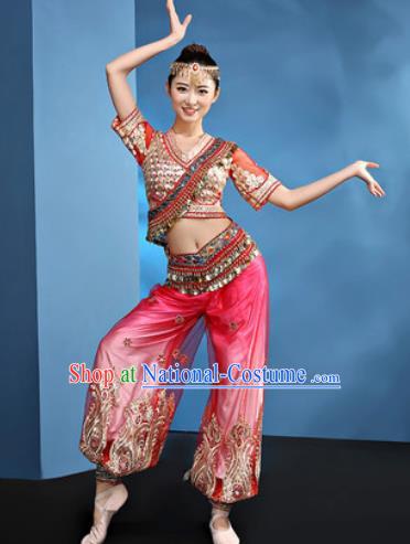 Traditional Chinese Folk Dance Stage Show Clothing Belly Dance Rosy Costume for Women