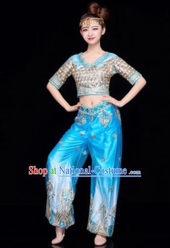 Traditional Chinese Folk Dance Stage Show Clothing Belly Dance Blue Costume for Women