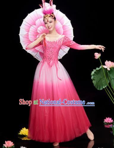 Chinese Traditional Opening Dance Rosy Veil Dress Modern Dance Chorus Stage Performance Costume for Women