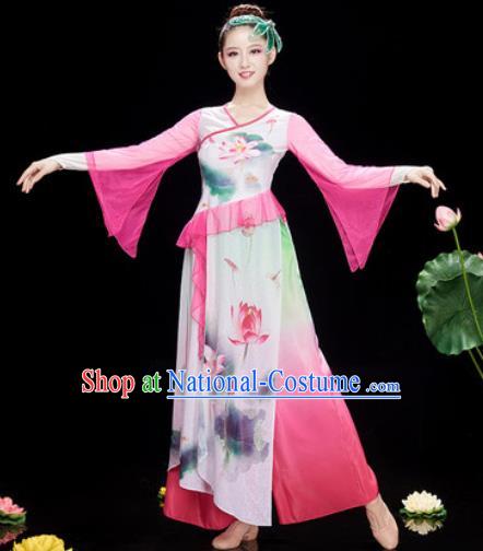 Chinese Traditional Umbrella Dance Printing Lotus Pink Dress Classical Dance Stage Performance Costume for Women