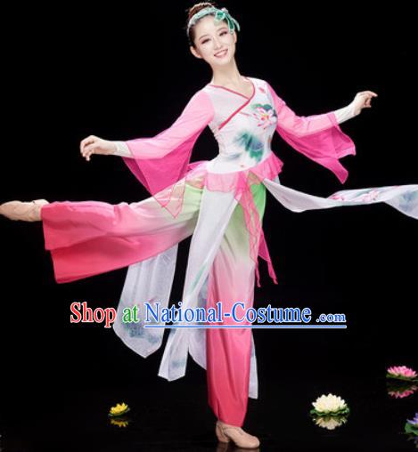 Chinese Traditional Umbrella Dance Printing Lotus Pink Dress Classical Dance Stage Performance Costume for Women