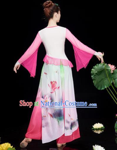 Chinese Traditional Umbrella Dance Printing Lotus Pink Dress Classical Dance Stage Performance Costume for Women