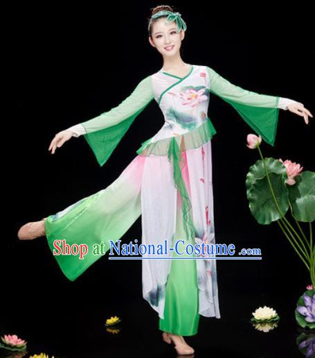 Chinese Traditional Umbrella Dance Printing Lotus Green Dress Classical Dance Stage Performance Costume for Women