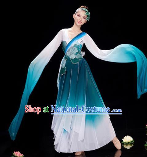 Chinese Traditional Umbrella Dance Peacock Blue Dress Classical Dance Stage Performance Costume for Women