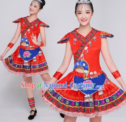 Traditional Chinese Miao Nationality Folk Dance Red Dress Hmong National Ethnic Costume for Women