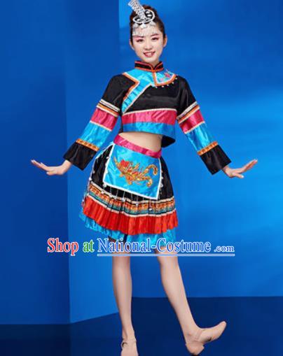 Traditional Chinese Zhuang Nationality Folk Dance Black Dress National Ethnic Dance Costume for Women