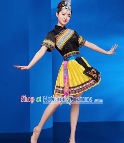 Traditional Chinese Zhuang Nationality Folk Dance Yellow Dress National Ethnic Dance Costume for Women