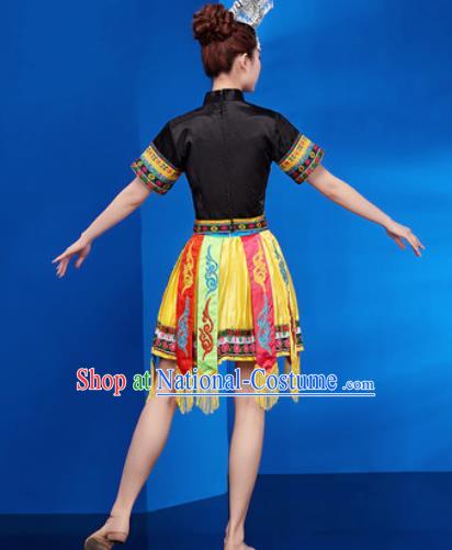 Traditional Chinese Zhuang Nationality Folk Dance Yellow Dress National Ethnic Dance Costume for Women