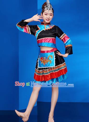 Traditional Chinese Zhuang Nationality Folk Dance Black Dress National Ethnic Dance Costume for Women