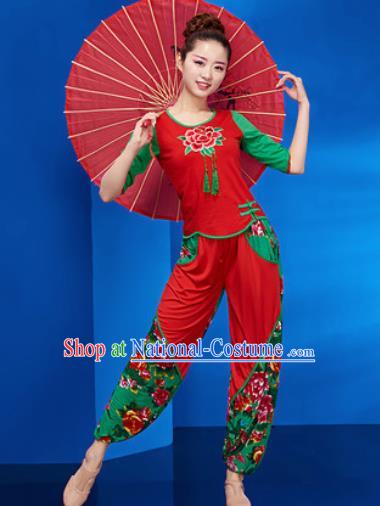 Traditional Chinese Folk Dance Stage Show Clothing Group Yangko Dance Red Costume for Women