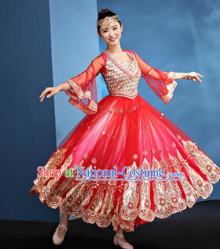 Chinese Traditional Opening Dance Rosy Bubble Dress Modern Dance Chorus Stage Performance Costume for Women