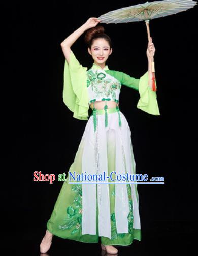 Traditional Chinese Folk Dance Stage Show Clothing Group Umbrella Dance Green Costume for Women