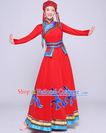 Traditional Chinese Mongol Nationality Folk Dance Red Dress National Ethnic Costume for Women