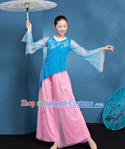 Traditional Chinese Folk Dance Stage Show Clothing Group Fan Dance Blue Costume for Women