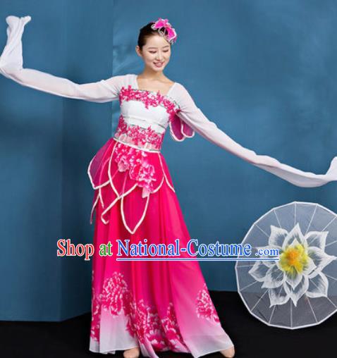 Chinese Traditional Umbrella Dance Rosy Dress Classical Lotus Dance Stage Performance Costume for Women