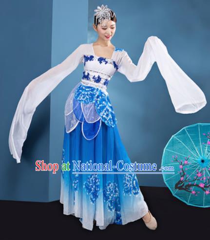 Chinese Traditional Umbrella Dance Blue Dress Classical Lotus Dance Stage Performance Costume for Women