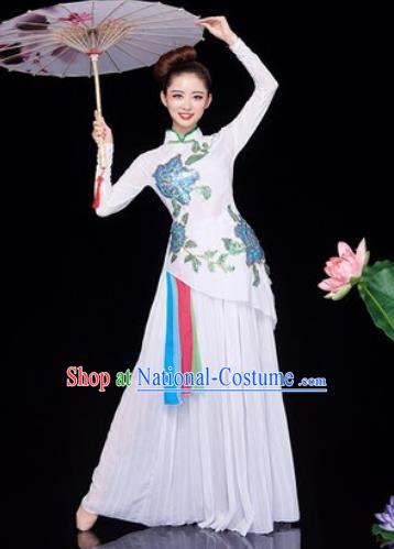 Chinese Traditional Umbrella Dance White Dress Classical Jasmine Flower Dance Stage Performance Costume for Women