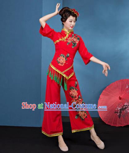 Traditional Chinese Folk Dance Stage Show Clothing Group Fan Dance Red Costume for Women