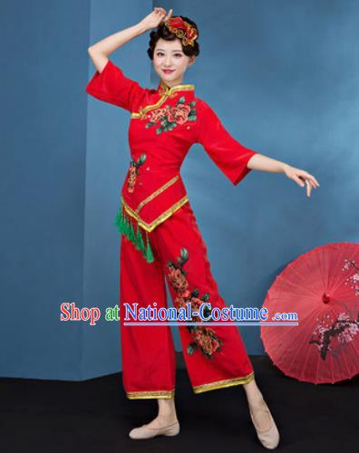 Traditional Chinese Folk Dance Stage Show Clothing Group Fan Dance Red Costume for Women