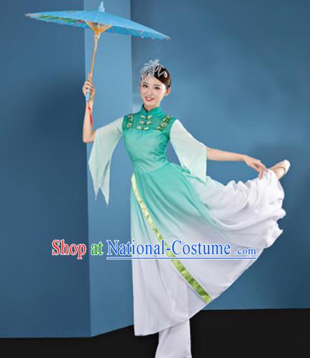 Chinese Traditional Umbrella Dance Green Dress Classical Lotus Dance Stage Performance Costume for Women