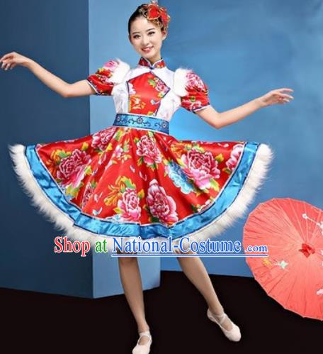 Traditional Chinese Folk Dance Yangko Stage Show Clothing Group Fan Dance Red Costume for Women