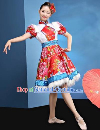 Traditional Chinese Folk Dance Yangko Stage Show Clothing Group Fan Dance Red Costume for Women