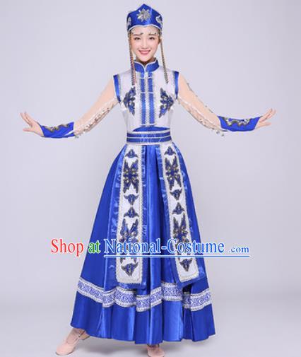 Traditional Chinese Mongol Nationality Folk Dance Royalblue Dress Mongolian National Ethnic Costume for Women