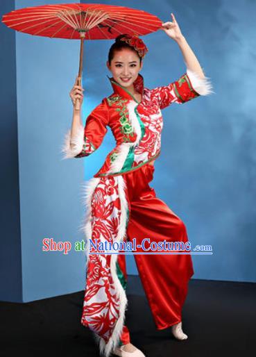 Traditional Chinese Folk Dance Stage Show Clothing Group Fan Dance Yangko Red Costume for Women