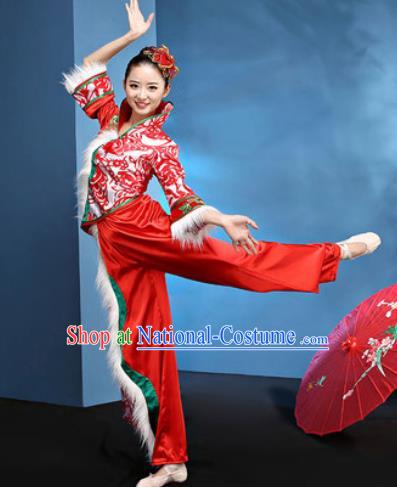 Traditional Chinese Folk Dance Stage Show Clothing Group Fan Dance Yangko Red Costume for Women