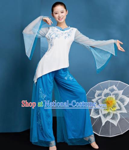 Traditional Chinese Folk Dance Stage Show Clothing Group Fan Dance Blue Costume for Women