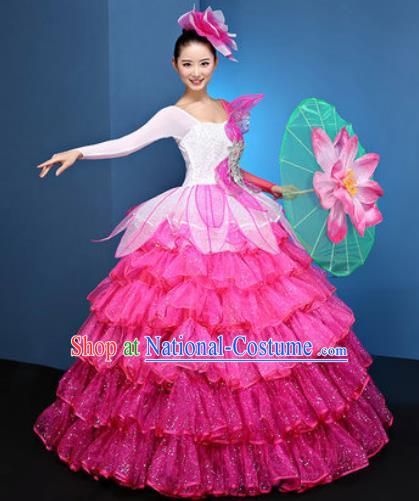 Chinese Traditional Opening Dance Rosy Veil Bubble Dress Modern Dance Chorus Stage Performance Costume for Women