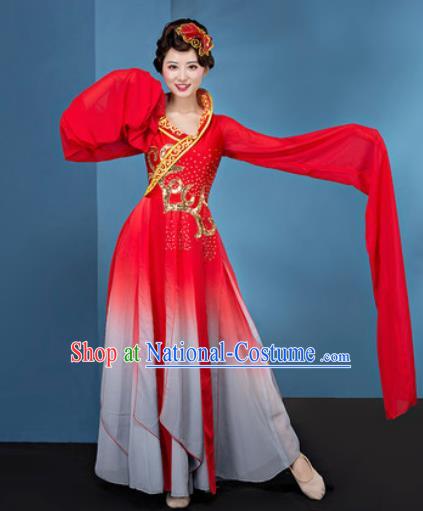 Chinese Traditional Umbrella Dance Red Water Sleeve Dress Classical Lotus Dance Stage Performance Costume for Women