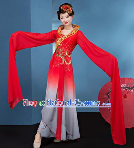 Chinese Traditional Umbrella Dance Red Water Sleeve Dress Classical Lotus Dance Stage Performance Costume for Women