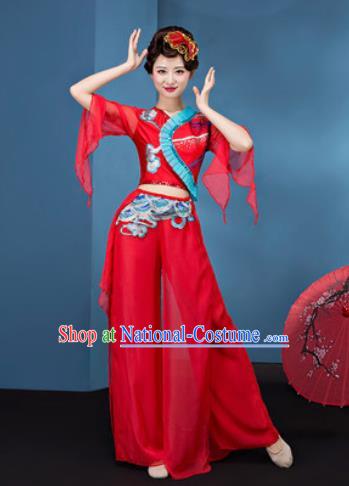 Traditional Chinese Folk Dance Yangko Stage Show Clothing Group Fan Dance Red Veil Costume for Women