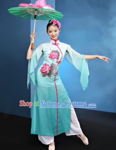 Chinese Traditional Umbrella Dance Green Dress Classical Lotus Dance Stage Performance Costume for Women