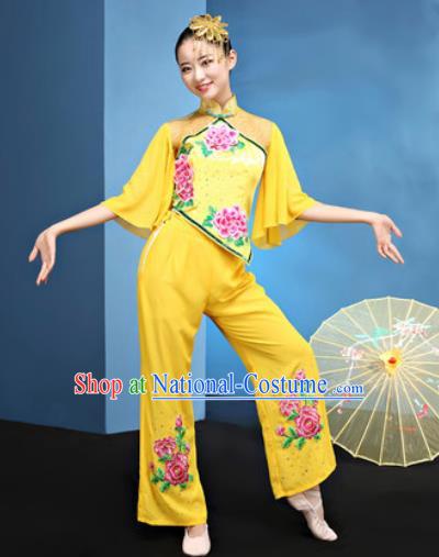 Traditional Chinese Folk Dance Yangko Stage Show Clothing Group Fan Dance Yellow Costume for Women