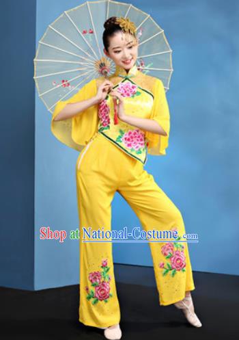 Traditional Chinese Folk Dance Yangko Stage Show Clothing Group Fan Dance Yellow Costume for Women