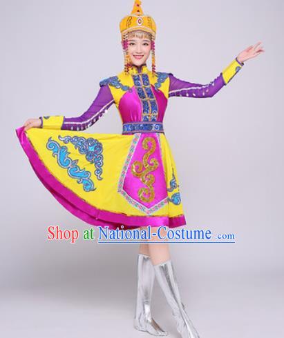 Traditional Chinese Mongol Nationality Folk Dance Purple Dress Mongolian National Ethnic Costume for Women