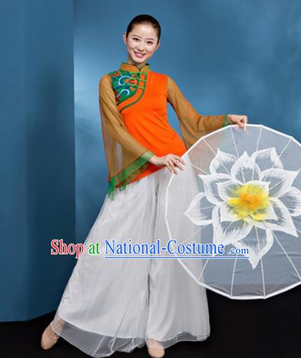 Traditional Chinese Folk Dance Stage Show Clothing Group Fan Dance Orange Costume for Women