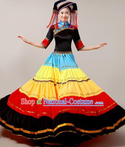 Traditional Chinese Yi Nationality Dress National Ethnic Folk Dance Costume for Women