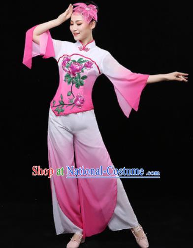 Chinese Traditional Fan Dance Pink Clothing Folk Dance Group Yangko Dance Stage Performance Costume for Women